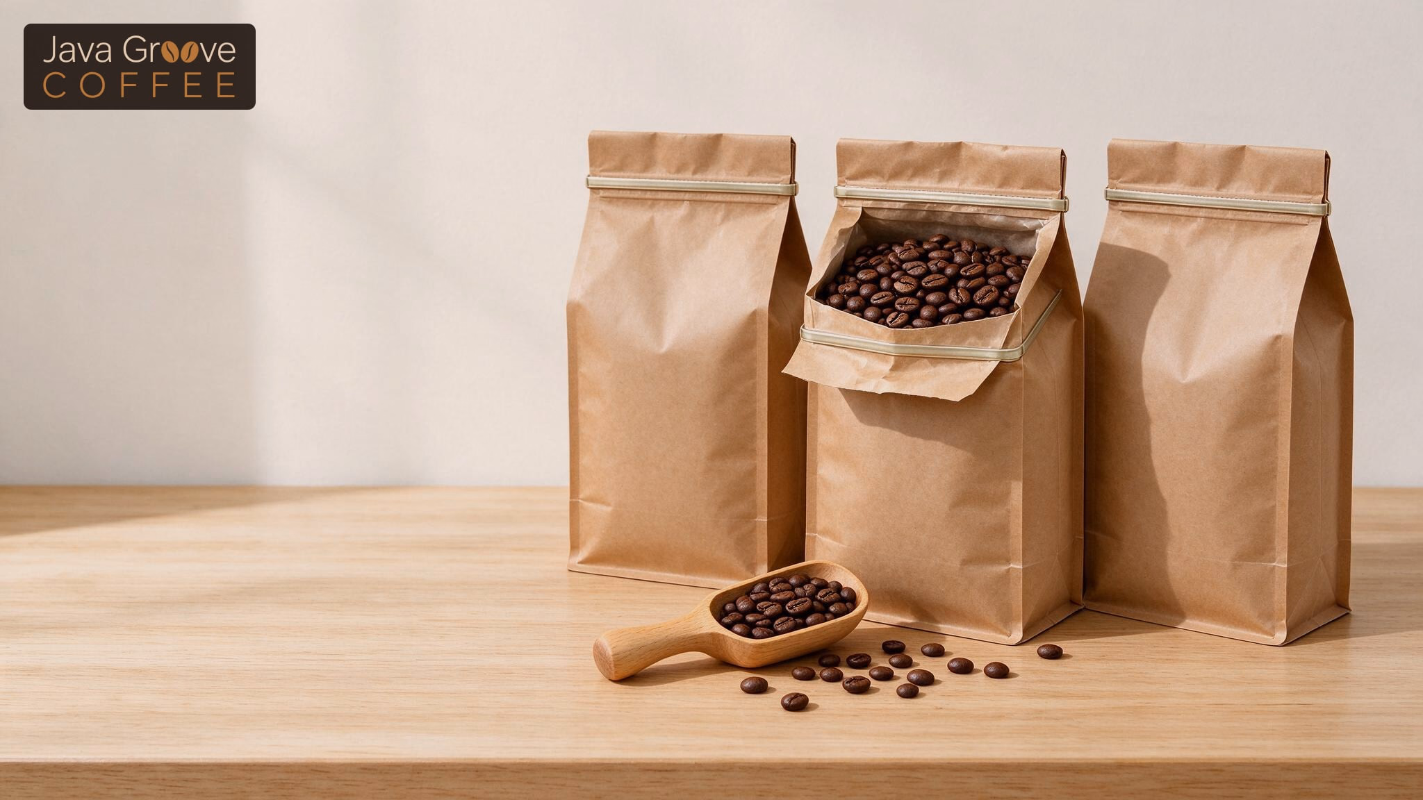 Buying coffee: fresh whole beans in plain kraft bags with a scoop