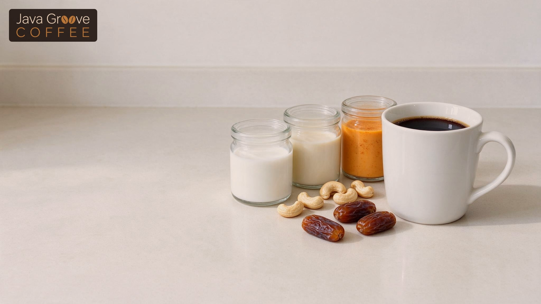 Coffee creamer substitutes in small jars next to a mug of coffee