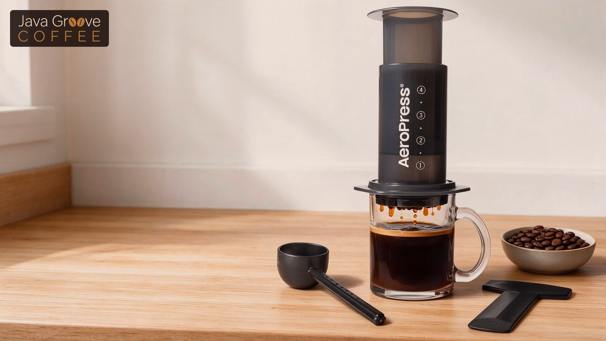 AeroPress tips and award winning recipe: AeroPress brewing into a glass mug with its scoop and stirrer