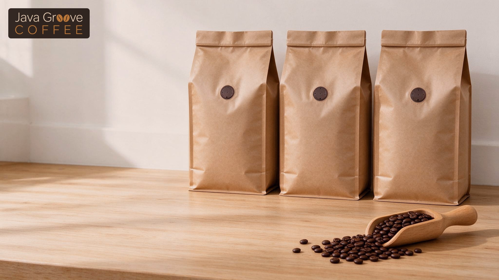 Best coffee at Costco: bulk kraft coffee bags and a scoop of dark roast beans