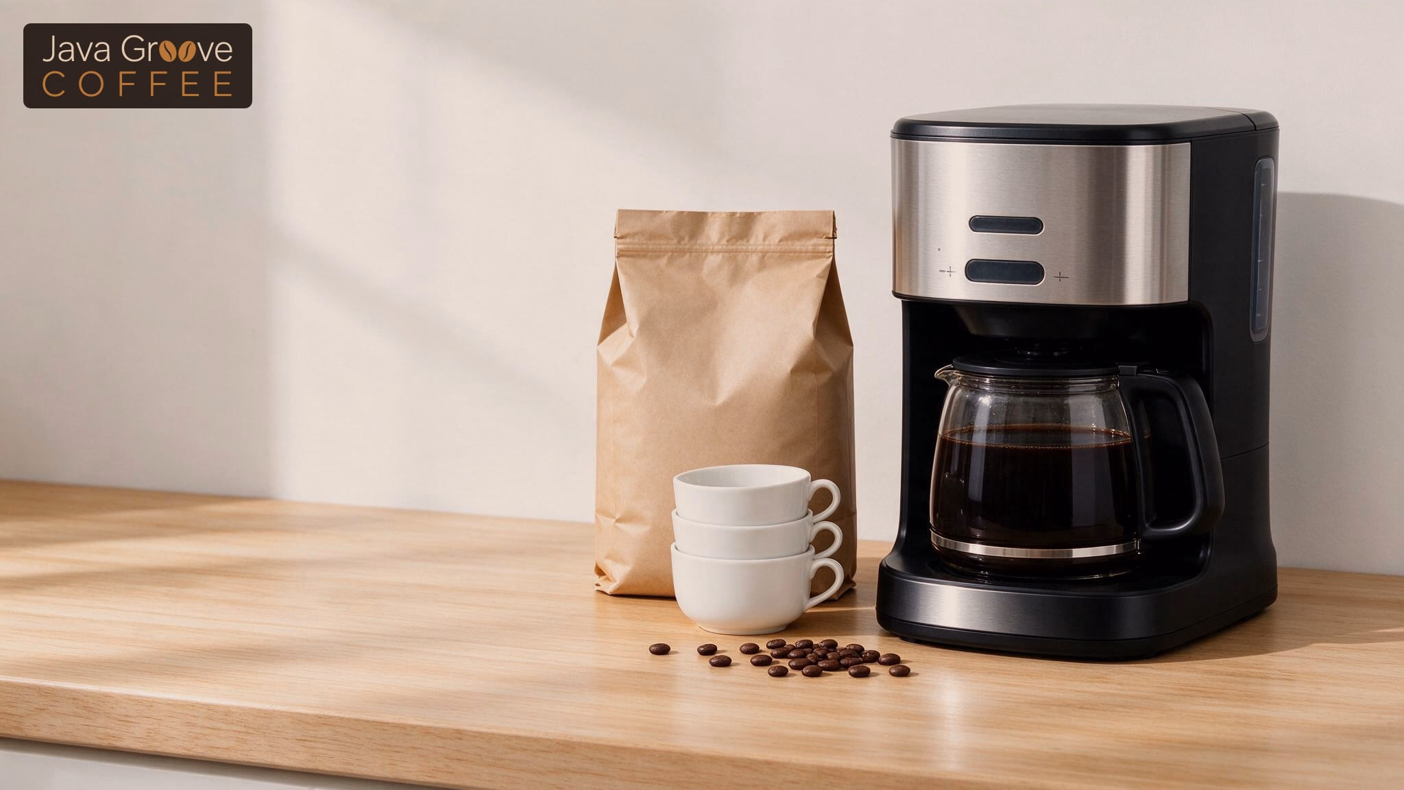 Best coffee maker at Costco: a black and steel drip maker beside a kraft bag of beans and stacked white cups
