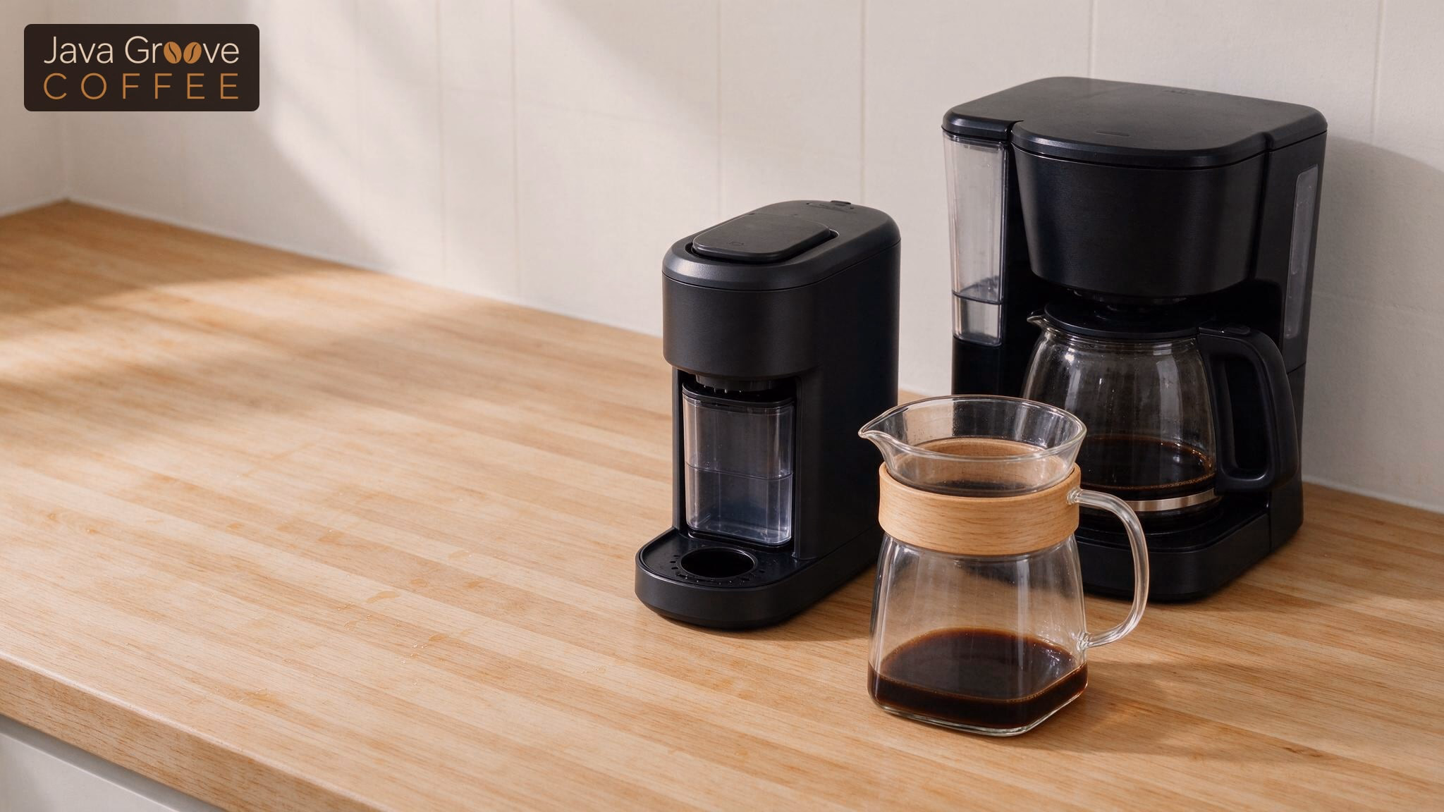Best coffee maker at Walmart: a black drip maker, a pod brewer and a glass pour-over carafe on a wood counter