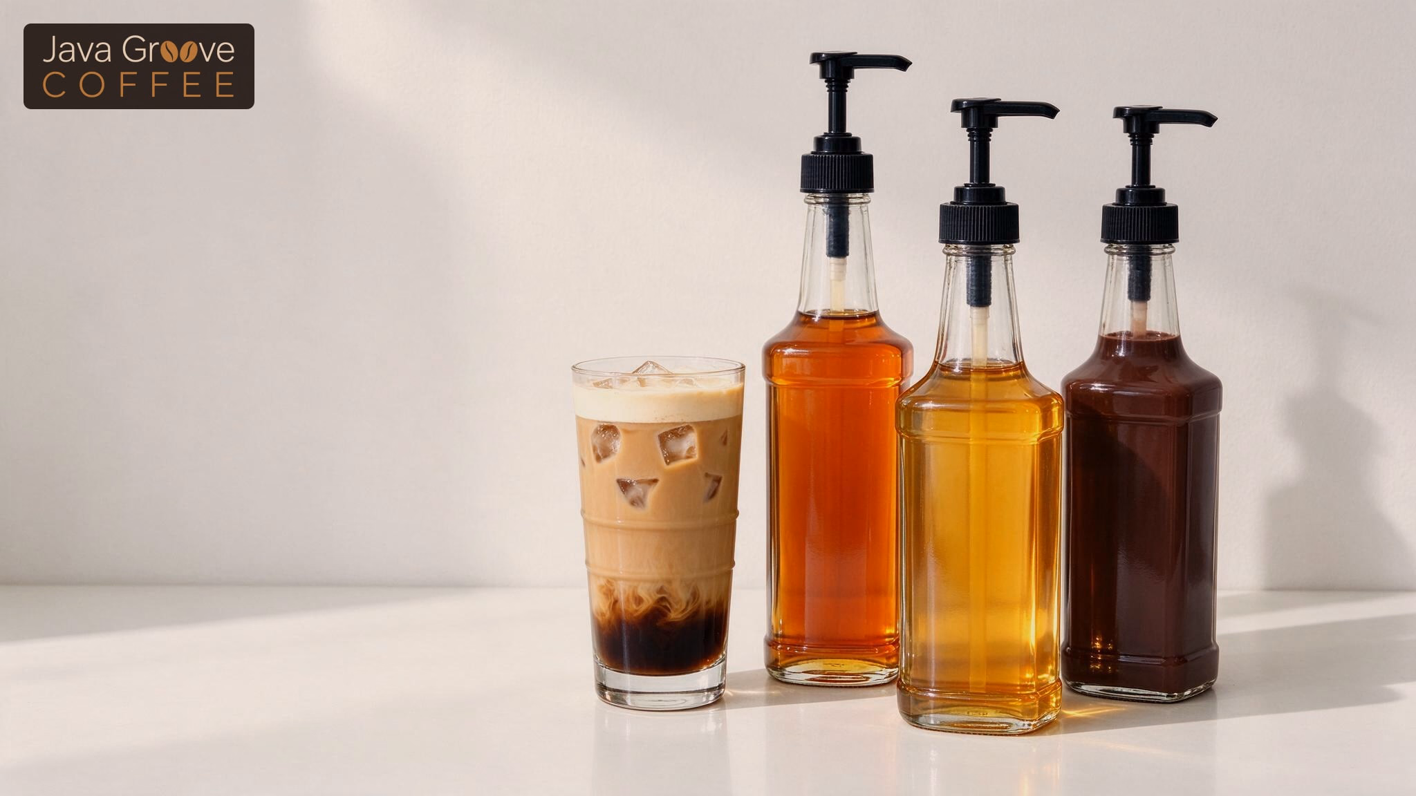Best coffee syrup: pump bottles next to an iced coffee