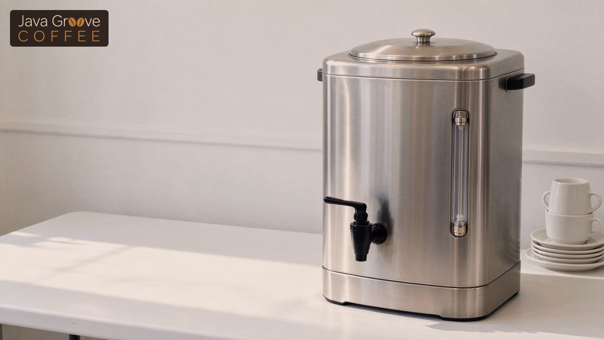 Best coffee urn: a stainless steel urn with cups and saucers