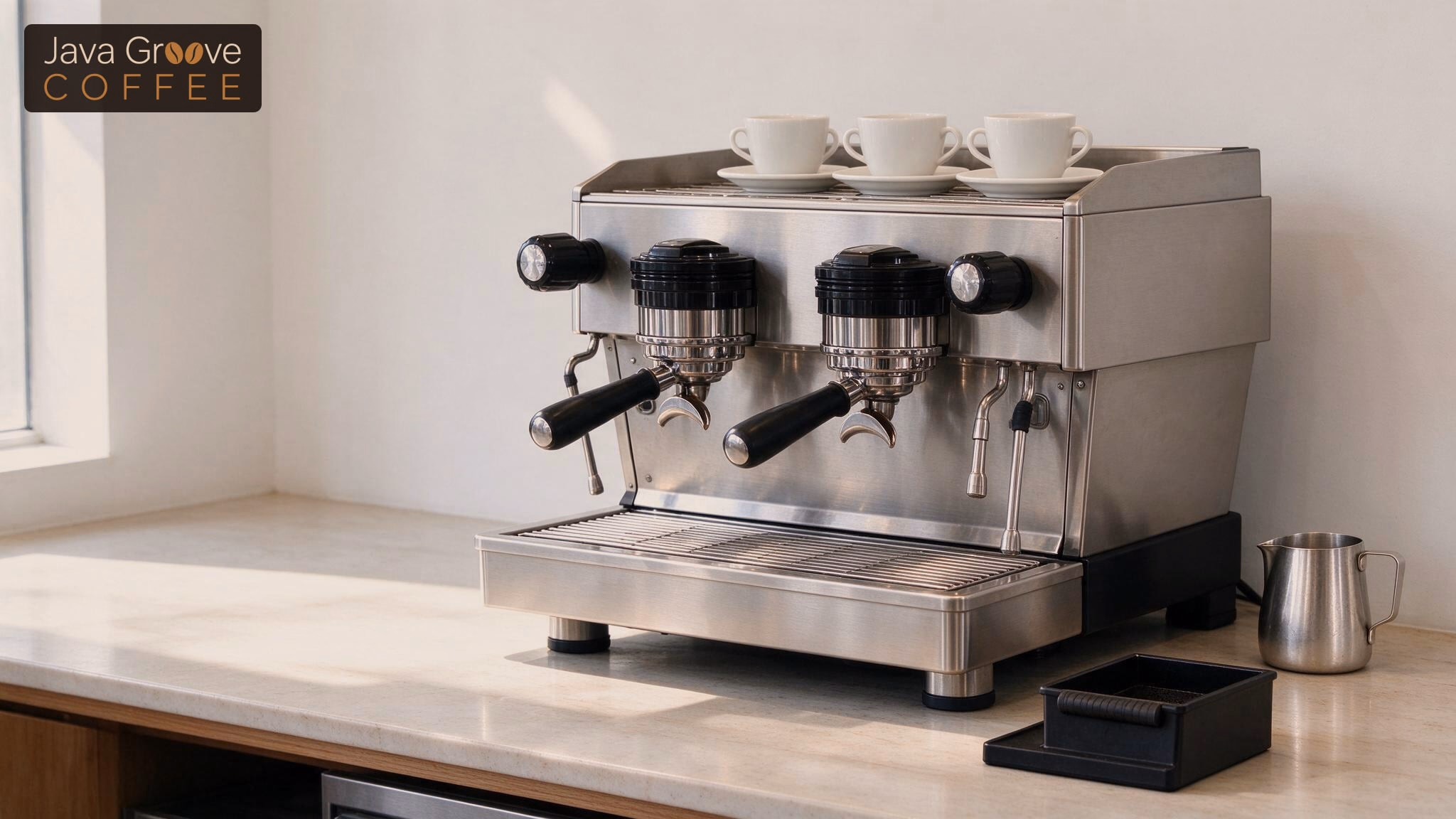 Best commercial espresso machine: a two-group machine on a cafe counter