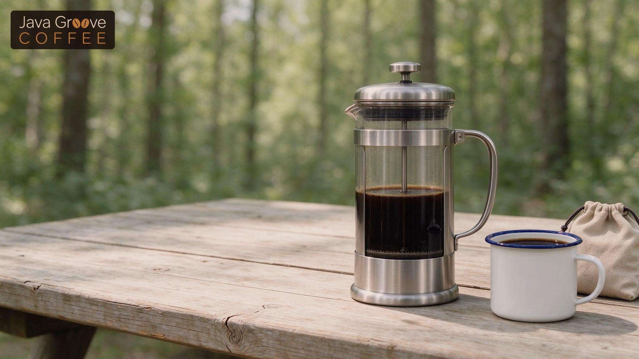 Best French press for camping on a picnic table in the woods