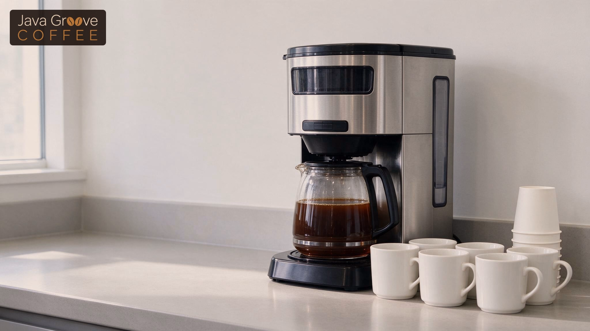 Best office coffee maker: a drip machine with mugs on a break room counter