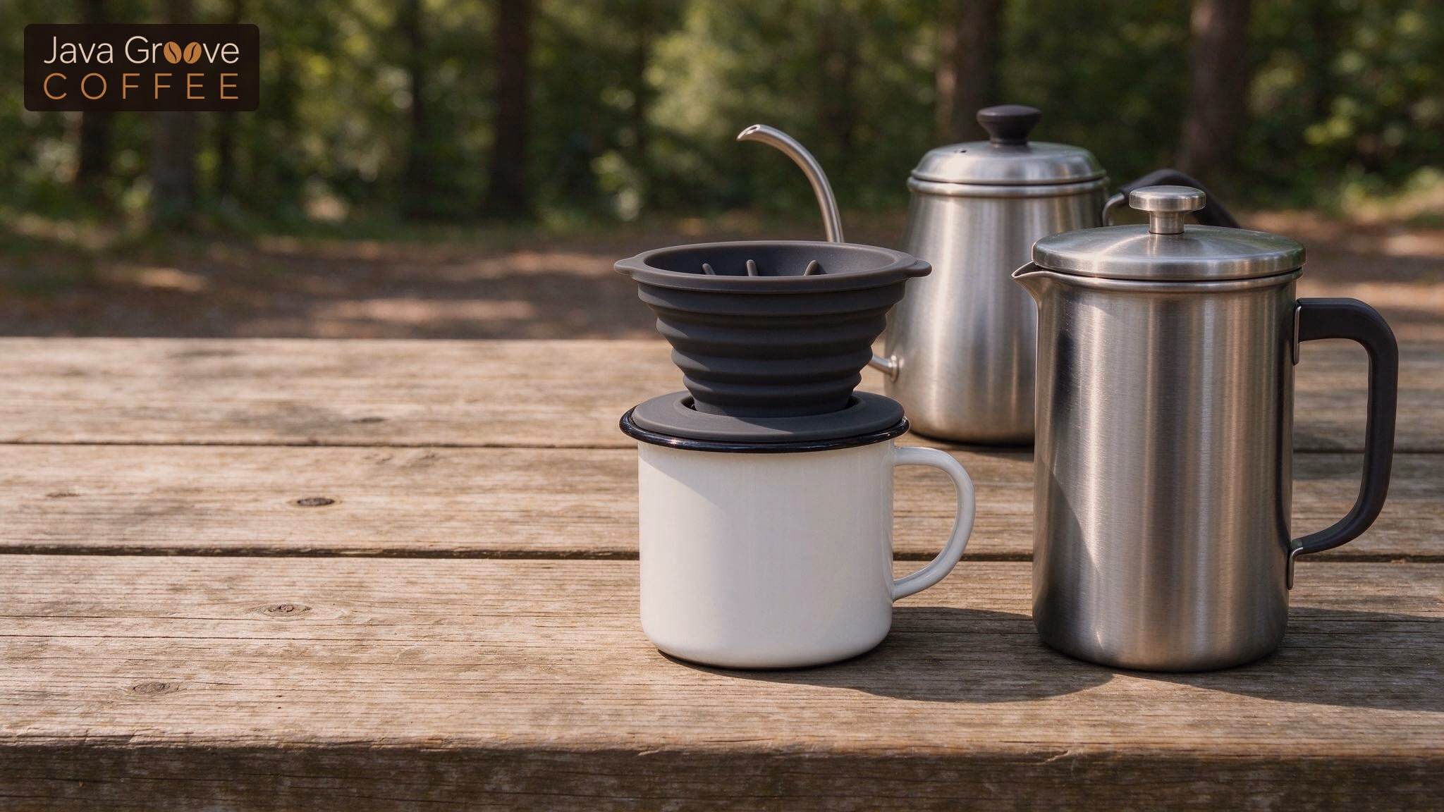 Best portable coffee makers: travel brewers on a picnic table