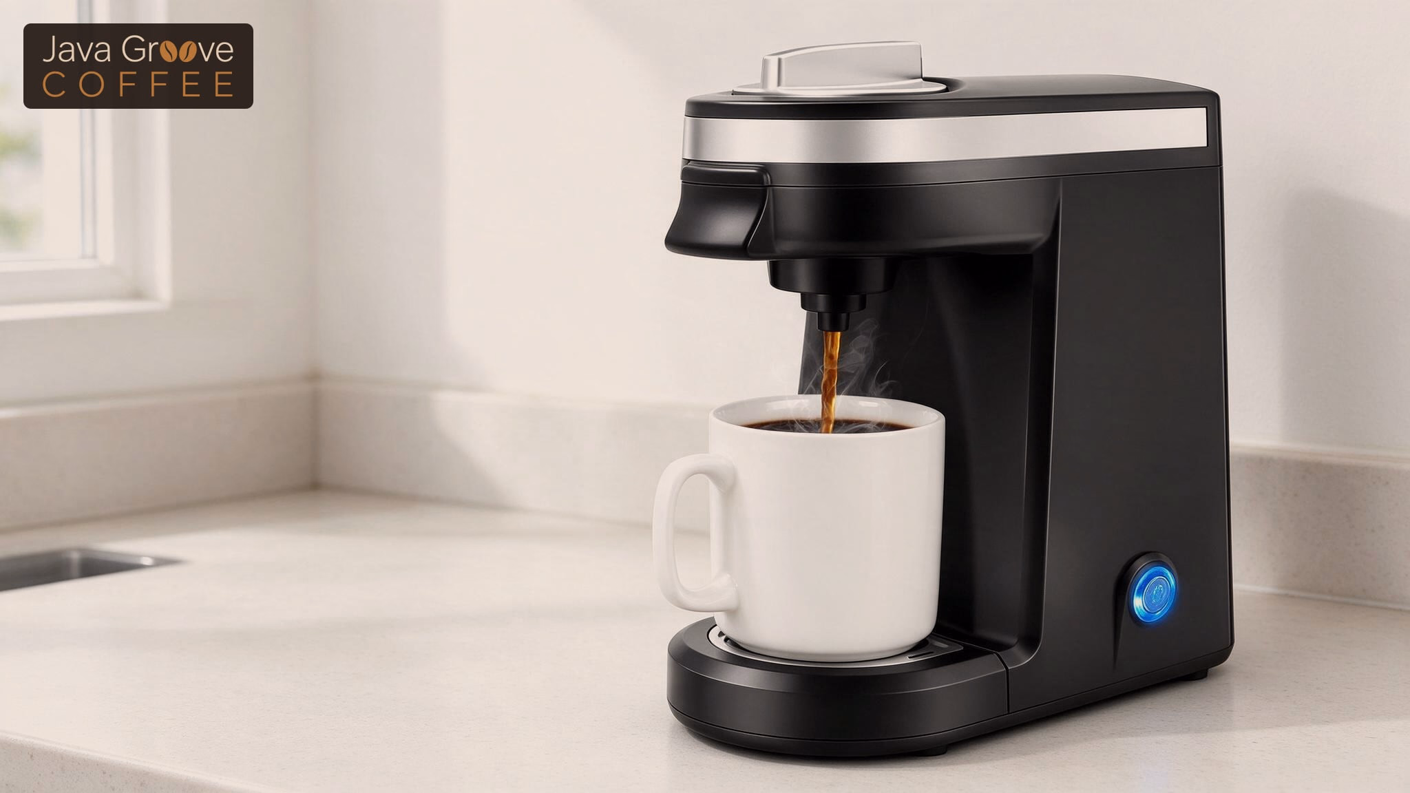 Chulux single serve coffee maker brewing into a white mug