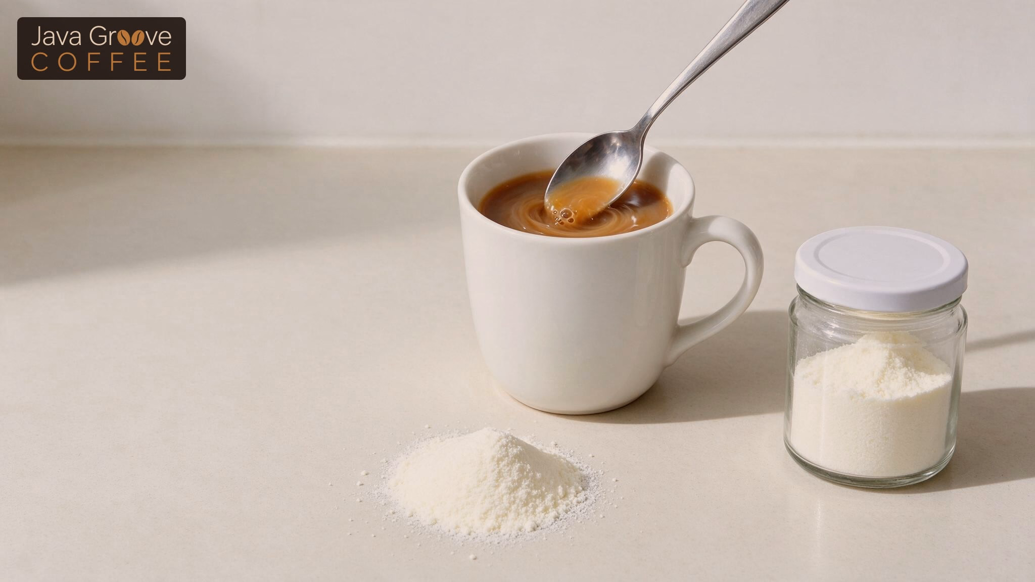 Coffee Mate style powdered creamer stirred into a mug of coffee