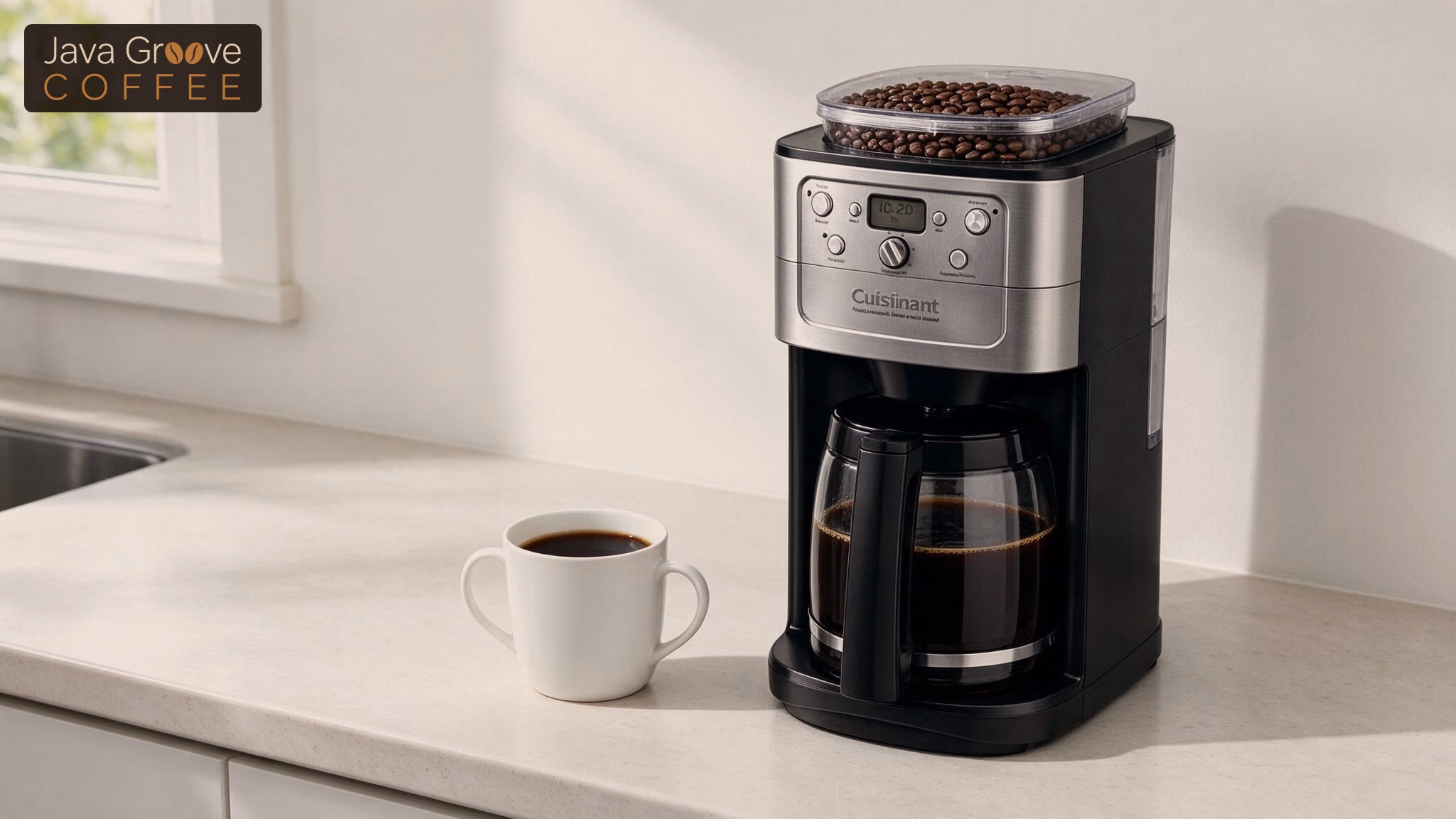 Costco Cuisinart Burr Grind & Brew coffee maker with a full bean hopper and glass carafe beside a white mug of black coffee on a kitchen counter