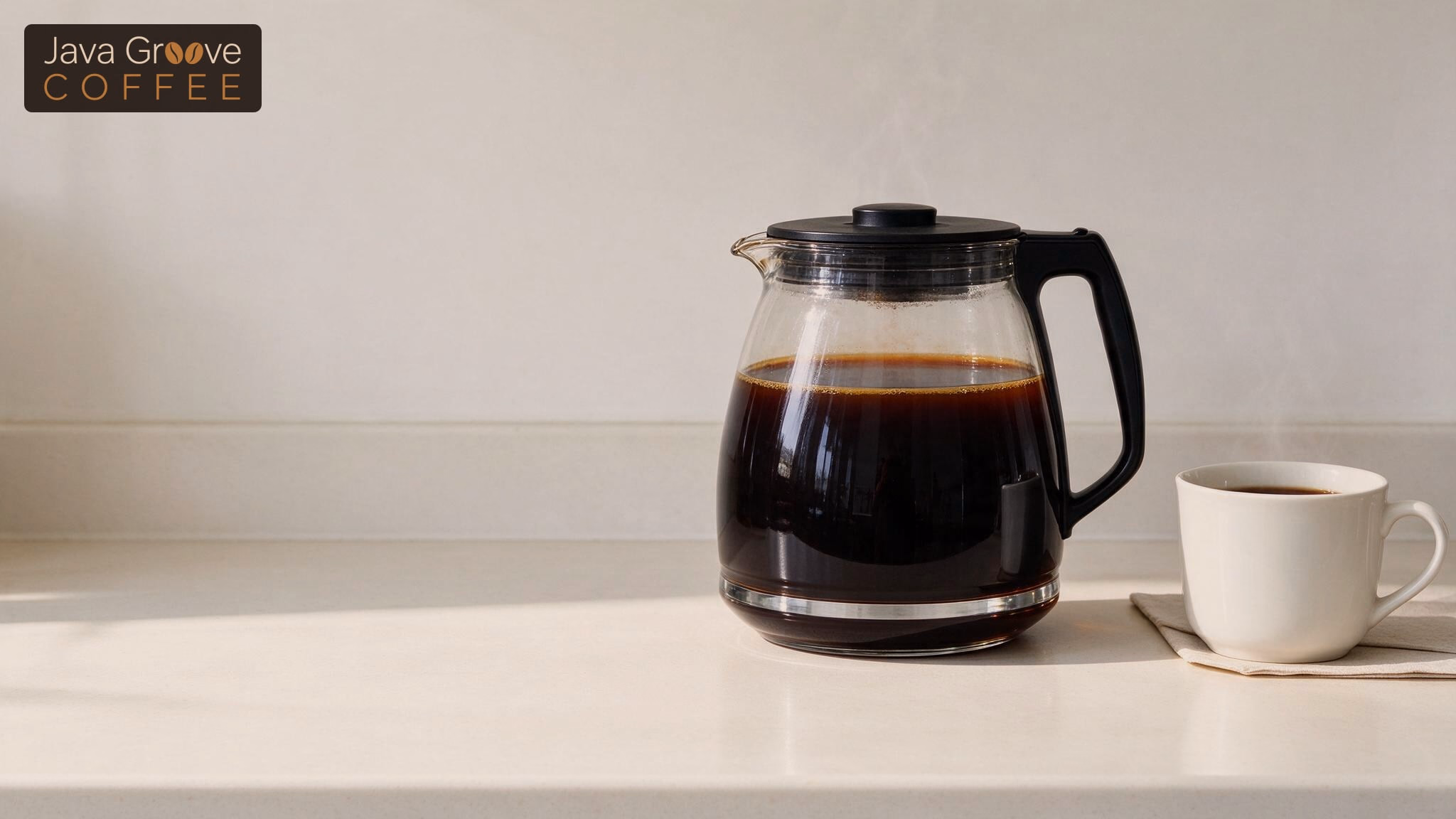 Cuisinart CBC-7400PC review: a full 14-cup glass carafe of coffee beside a mug