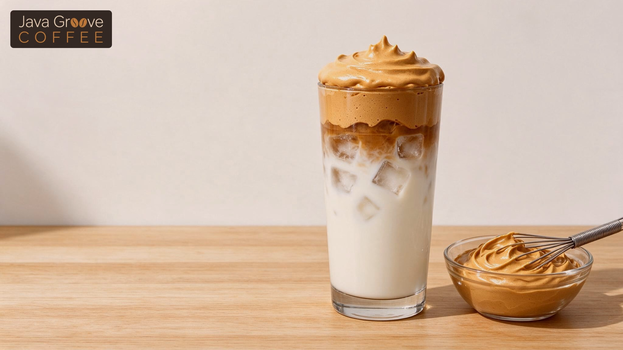 Dalgona coffee: iced milk topped with whipped coffee foam