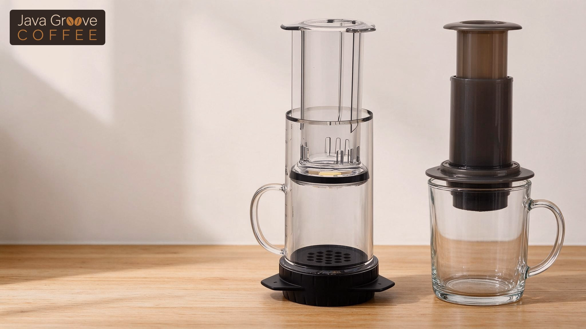 Delter Coffee Press vs AeroPress, side by side on glass mugs on a wooden counter