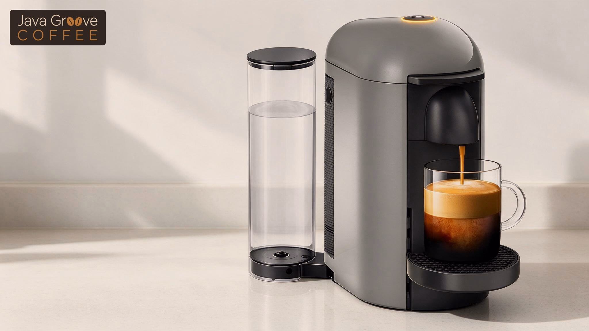 Nespresso red and yellow light: VertuoPlus machine with its top light on