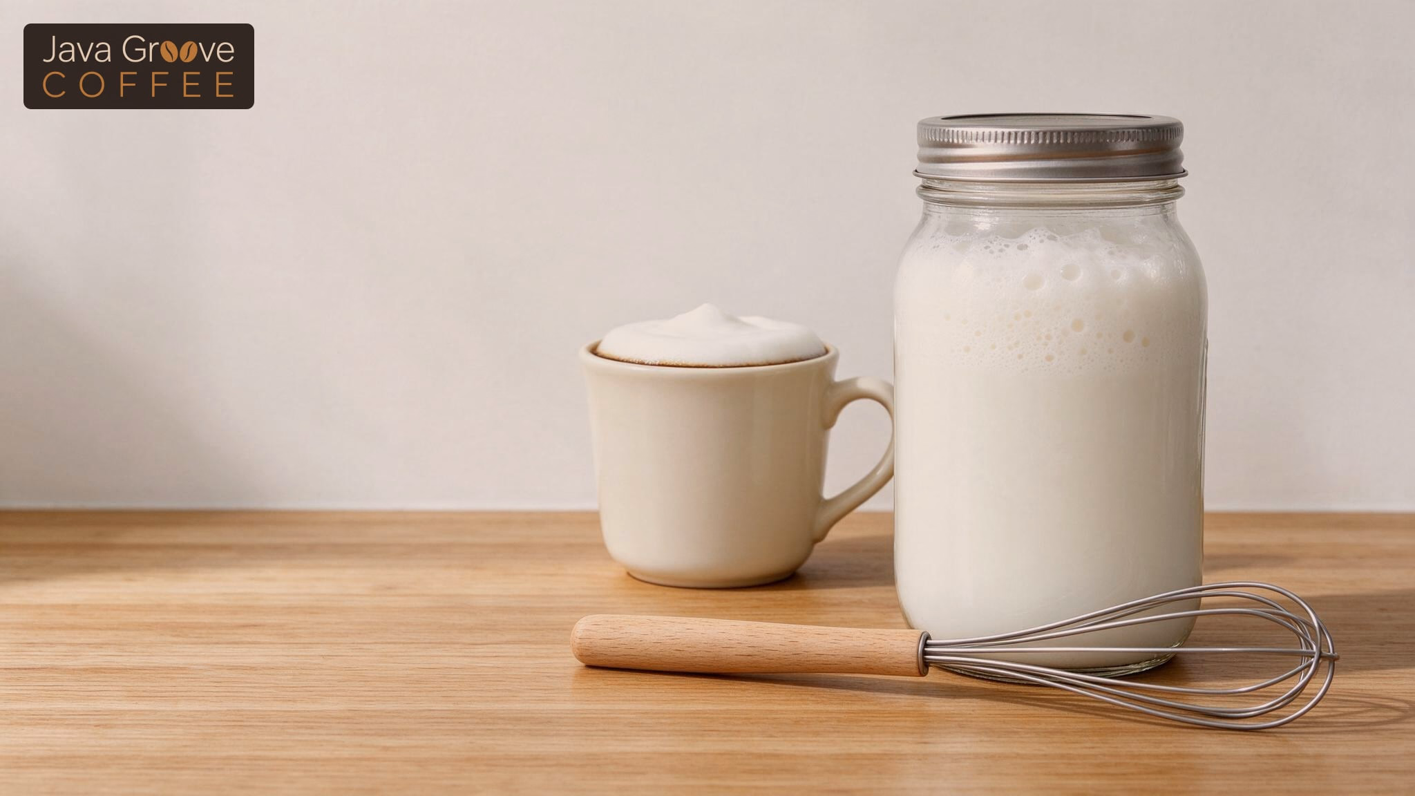 Frothing milk without a frother, a jar of shaken milk foam and a whisk beside a mug