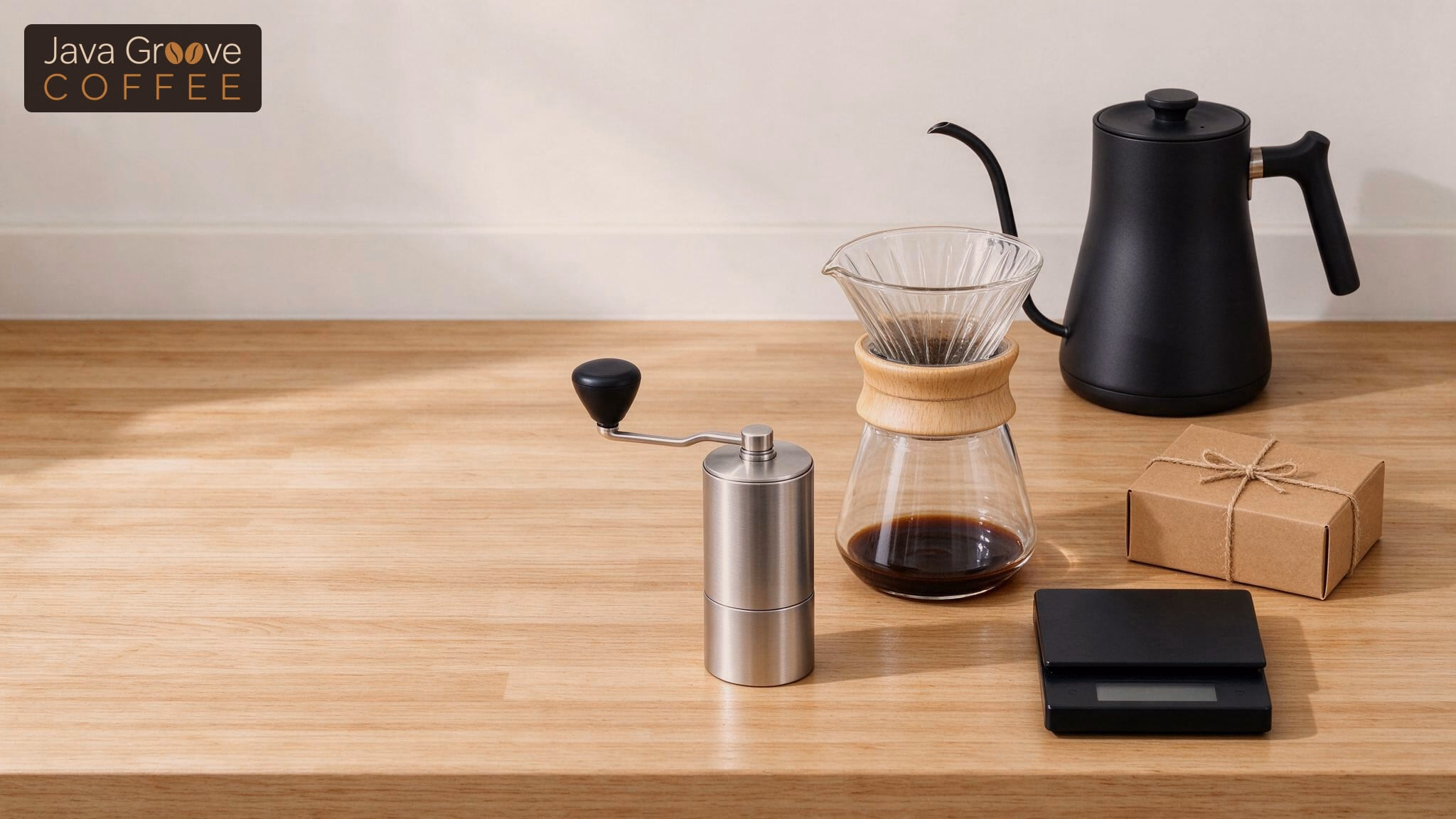 Gifts for coffee snobs: gooseneck kettle, pour-over carafe, hand grinder, scale and a gift box on a counter