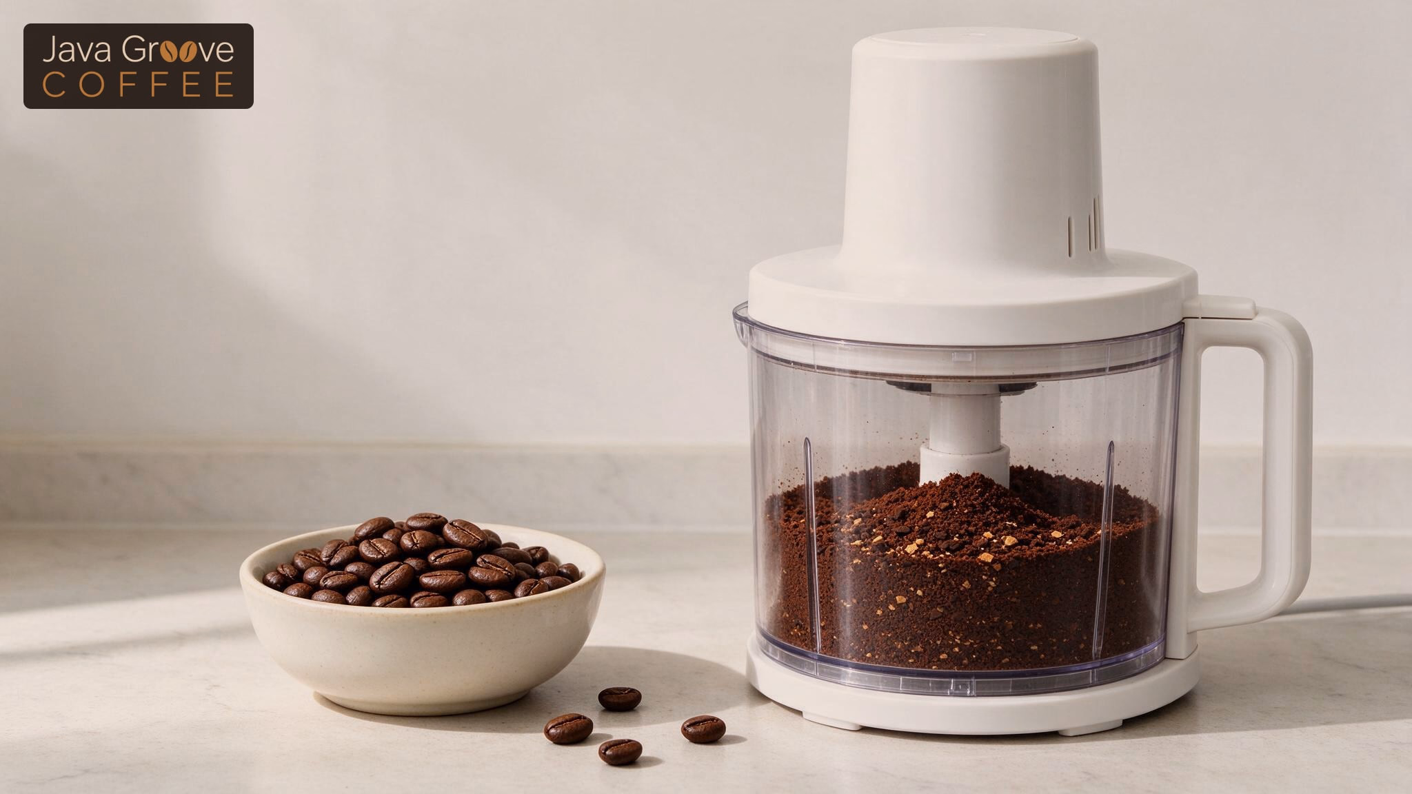 Grind coffee beans in a food processor: ground coffee in the bowl
