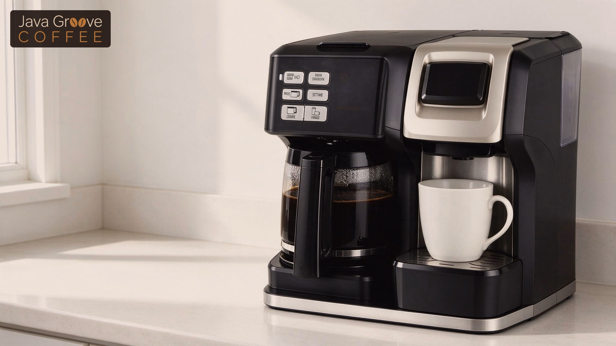 Hamilton Beach FlexBrew coffee maker with its carafe and single-serve side