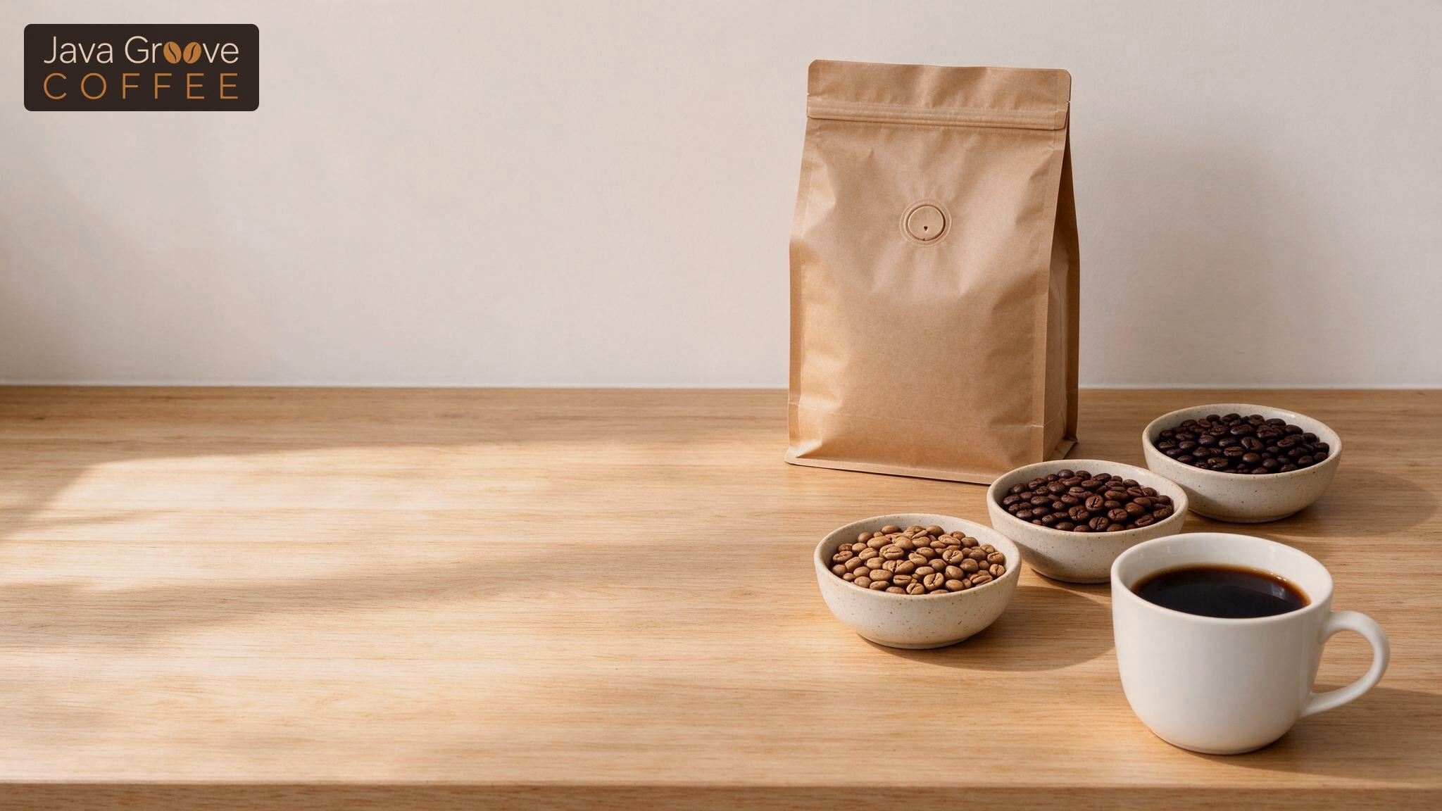 How to buy the perfect coffee: kraft bag with bowls of light, medium and dark roast beans