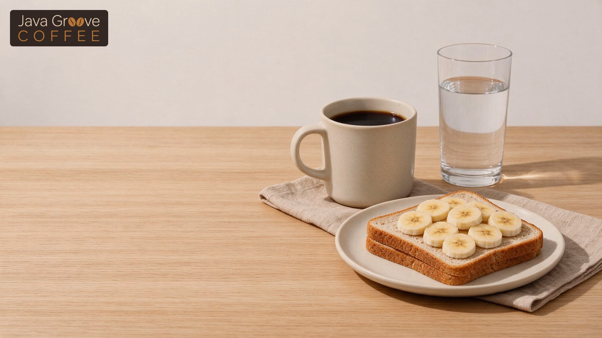 Dizziness after drinking coffee, a mug of coffee with a glass of water and banana toast