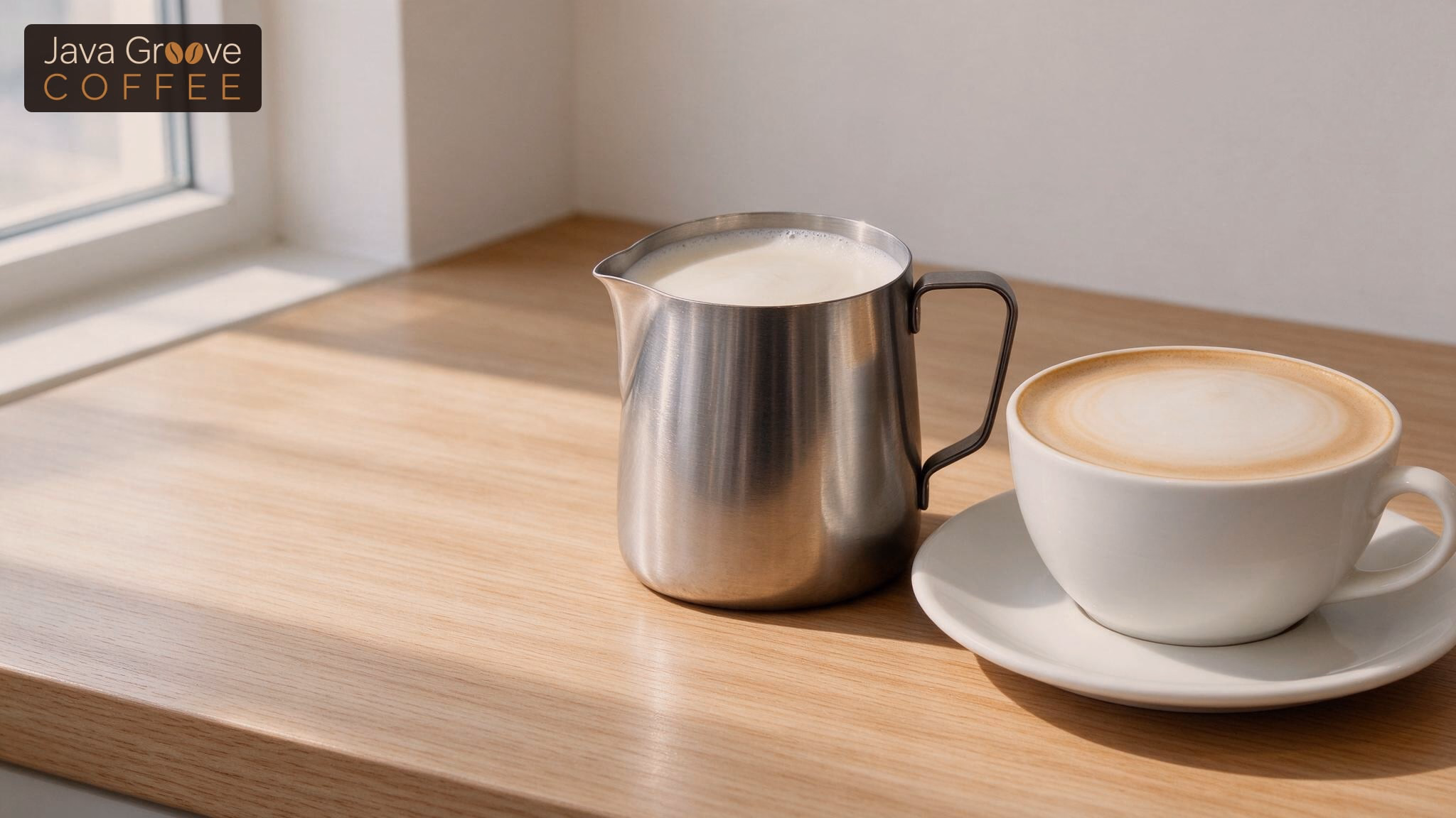 How to froth milk at home: steamed milk pitcher next to a latte