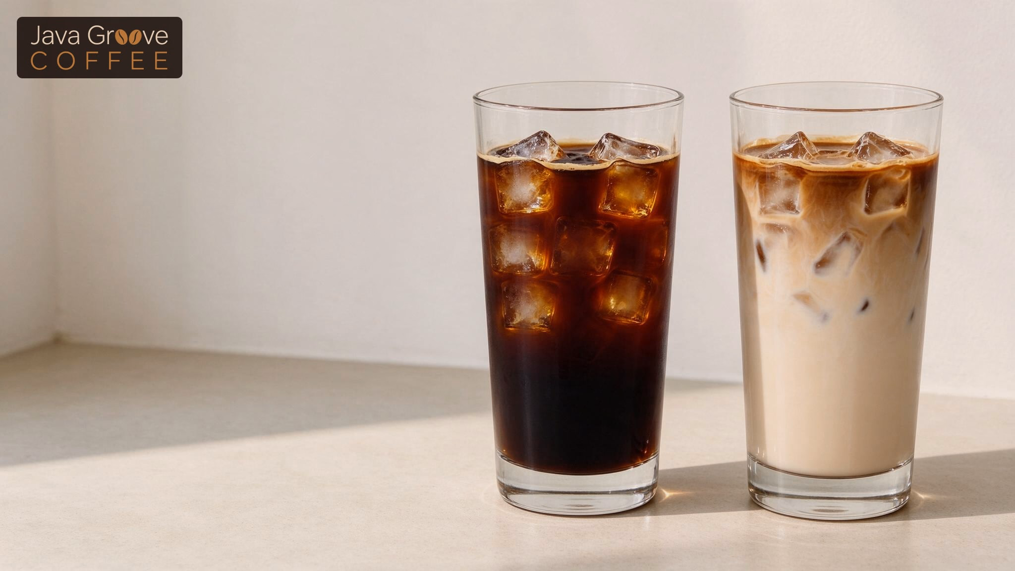 Iced coffee vs iced latte, side by side in tall glasses