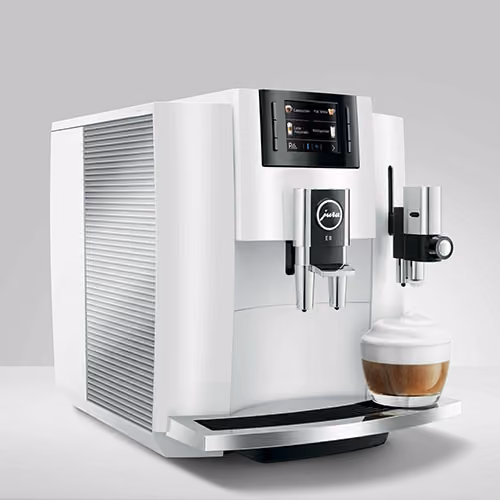 Jura E8 super automatic espresso machine in Piano White