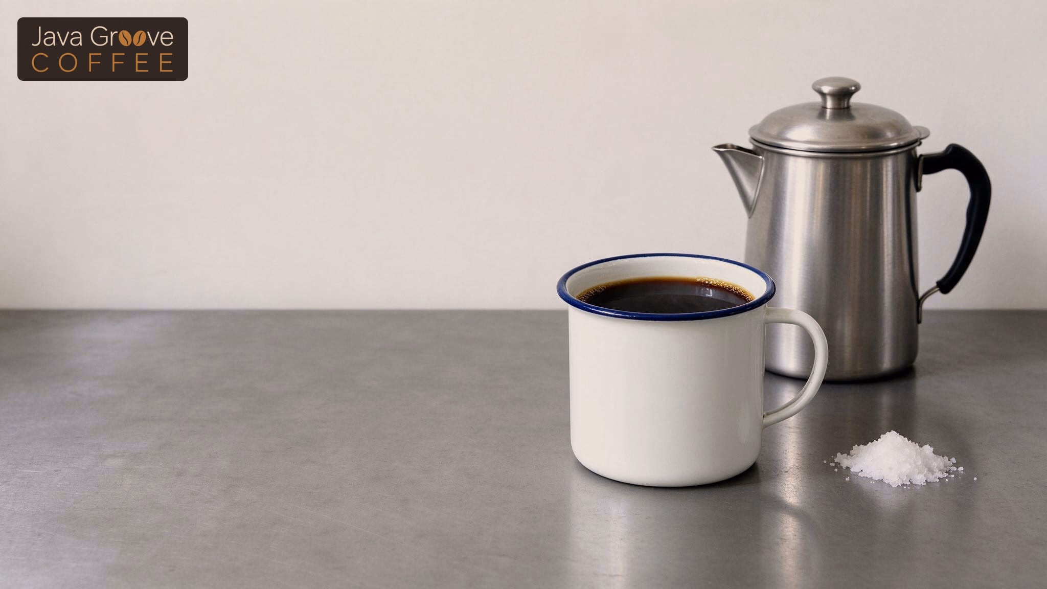 Navy coffee: an enamel mug beside a steel percolator