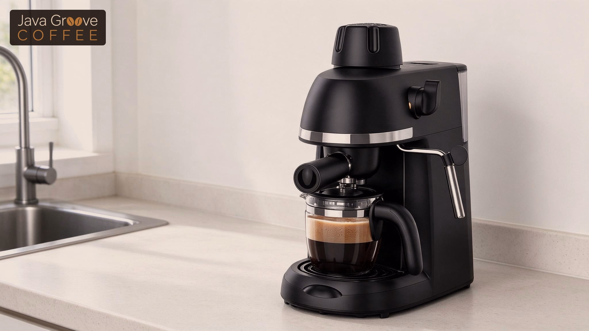 SOWTECH espresso machine with its glass carafe on a kitchen counter