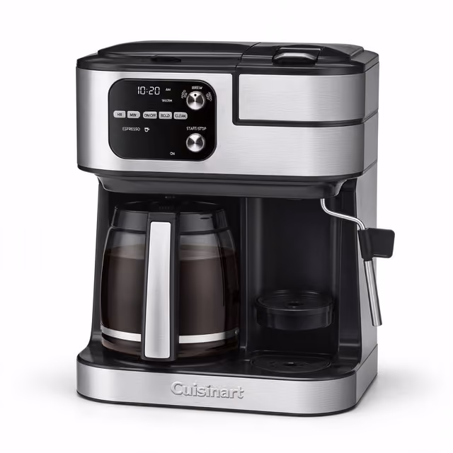 Cuisinart Coffee Center Barista Bar 4-in-1 with glass carafe, single-serve side and steam wand