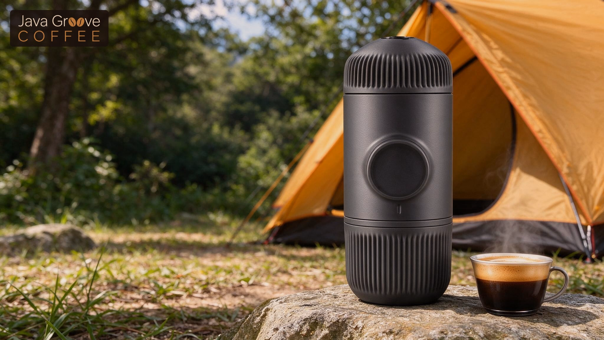 Wacaco Nanopresso portable espresso maker at a campsite