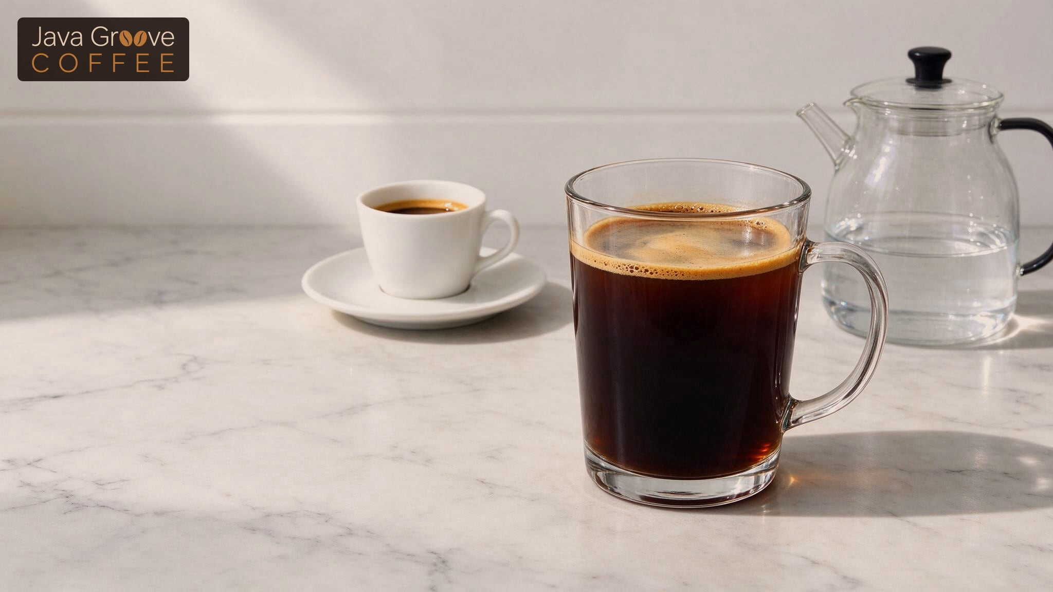 What is an Americano: espresso and hot water in a glass mug