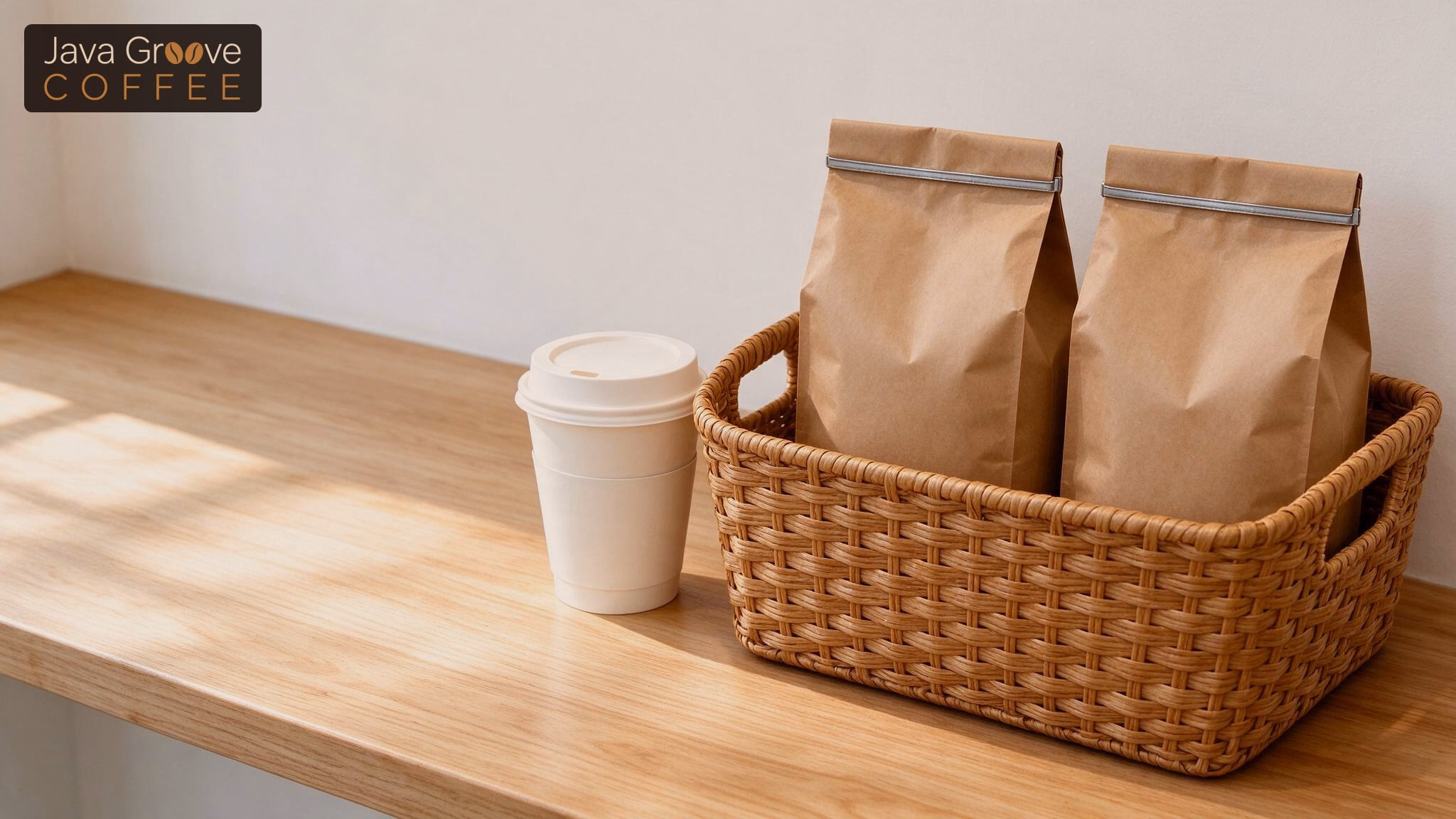 Where to buy coffee: bags of beans in a basket beside a takeaway cup