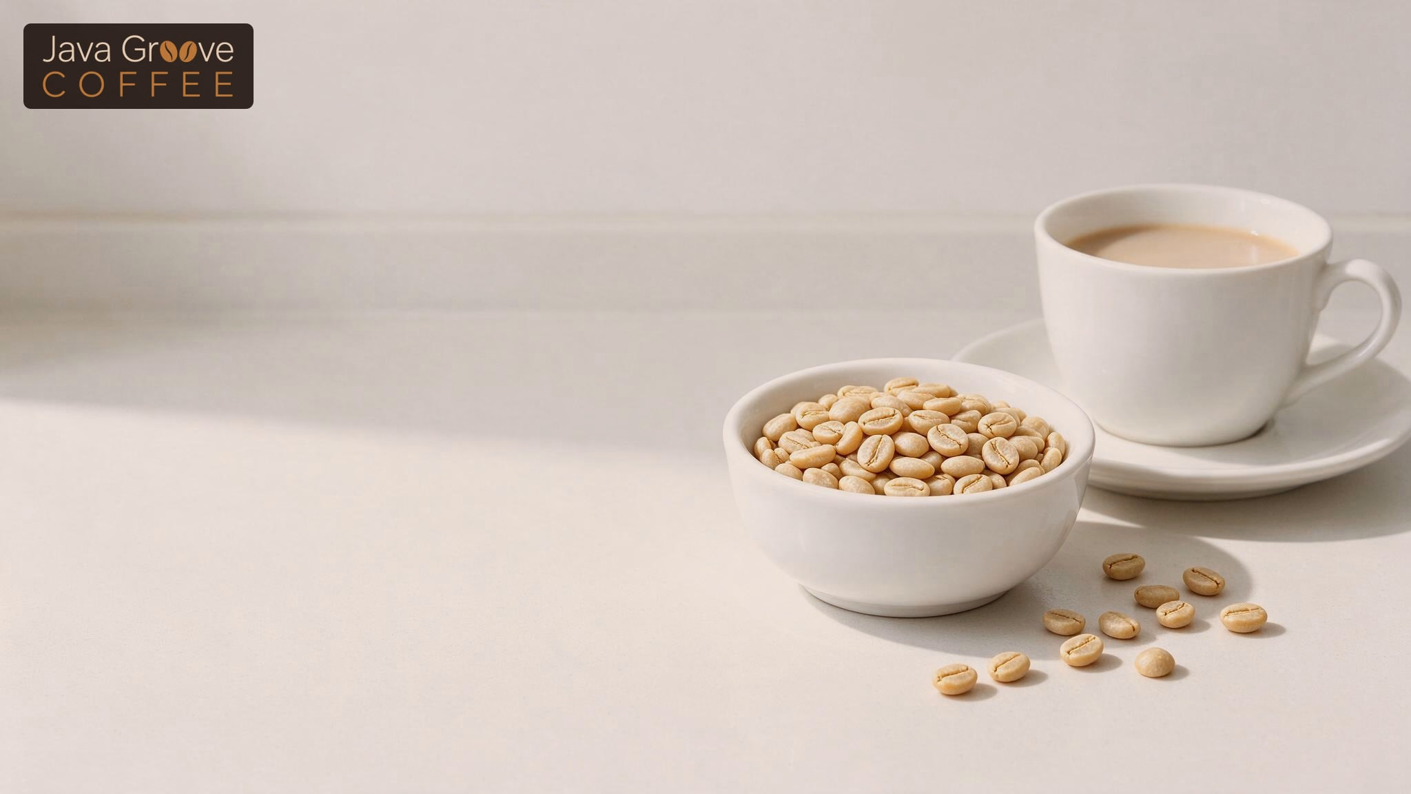 White coffee: a milky cup beside lightly roasted pale beans