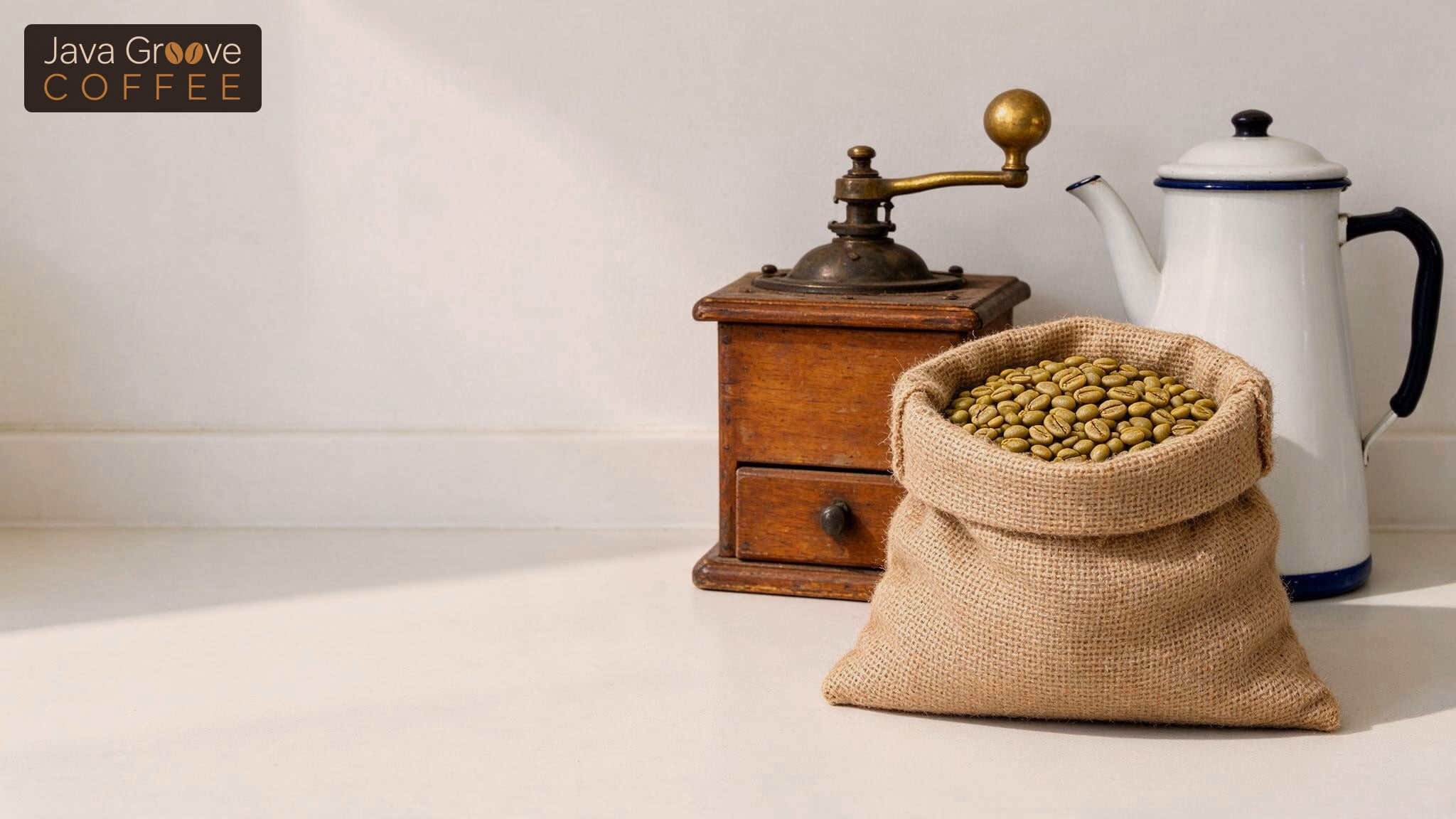 Why do they call coffee java, a vintage grinder, burlap bean sack and enamel pot