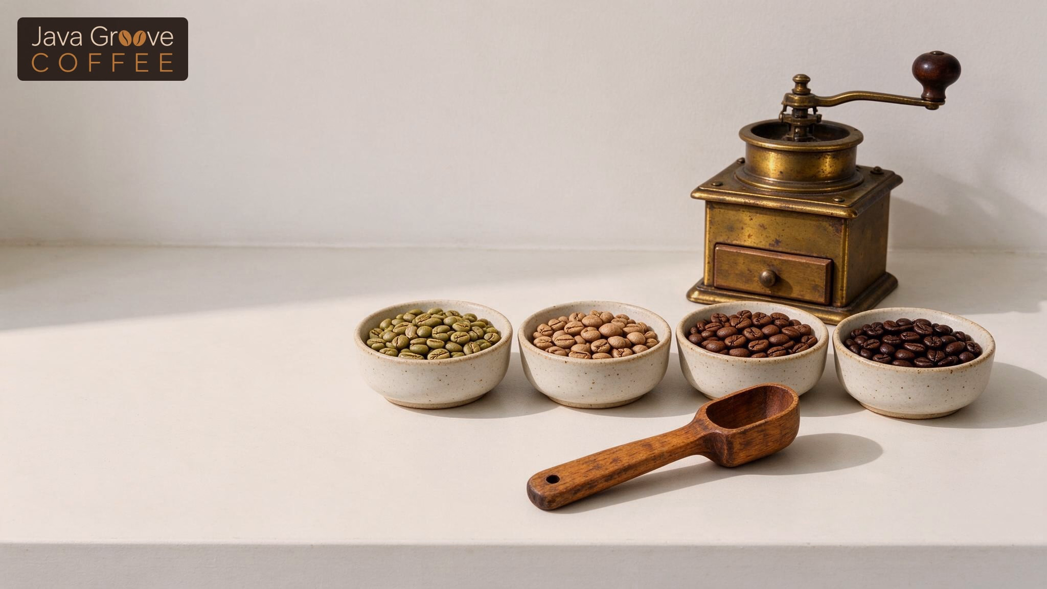 World most popular coffee origins, bowls of beans from green to dark roast